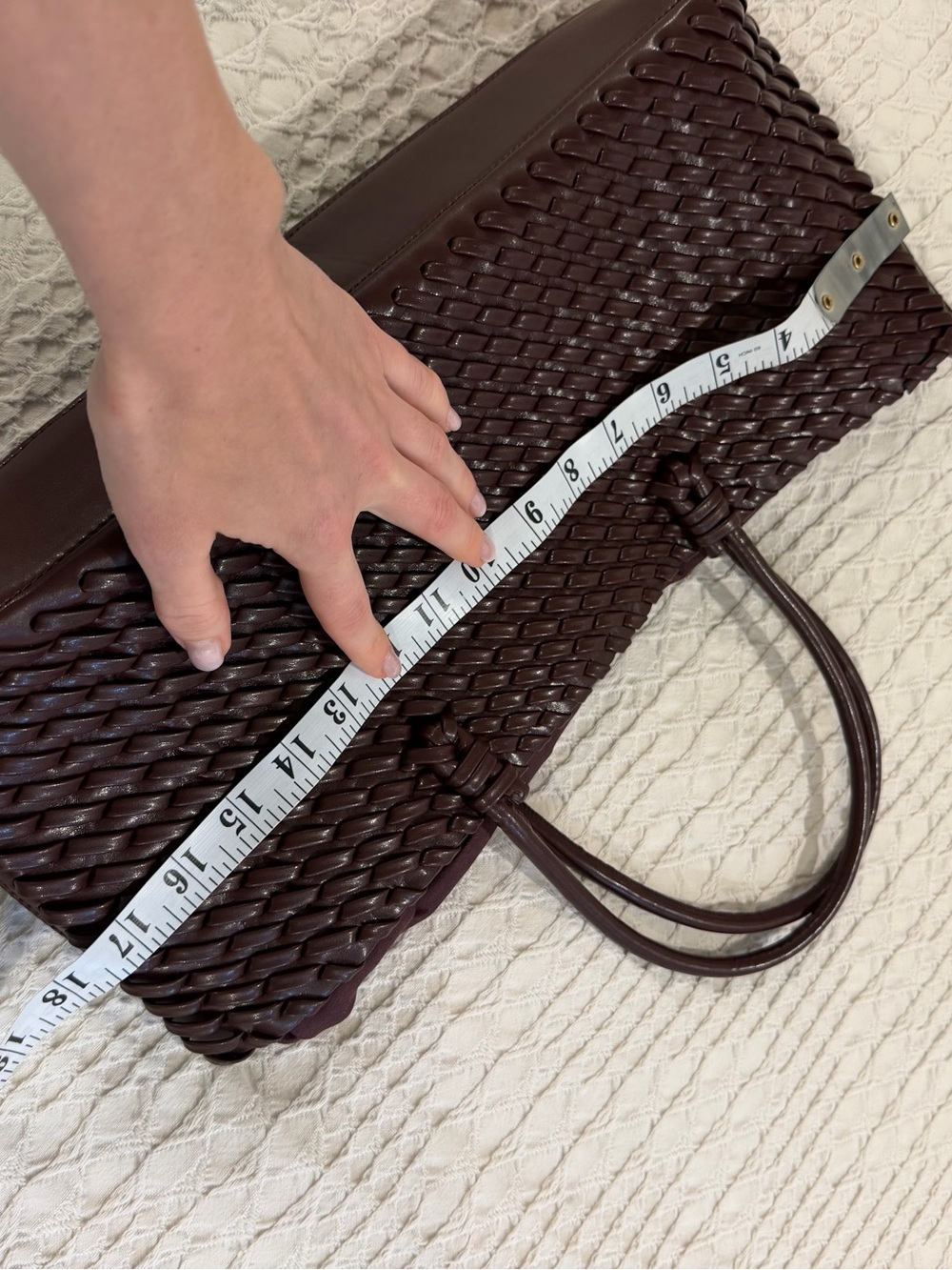 Woven Vegan Leather Shoulder Tote in Deep Burgundy - Picture 10 of 12